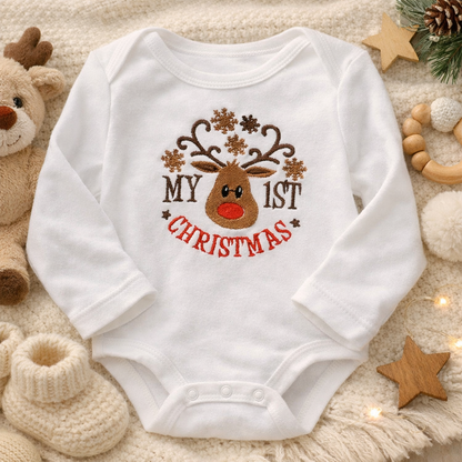 Rebel Needleworks reindeer 1st Christmas embroidered baby grow - personalised baby gift UK