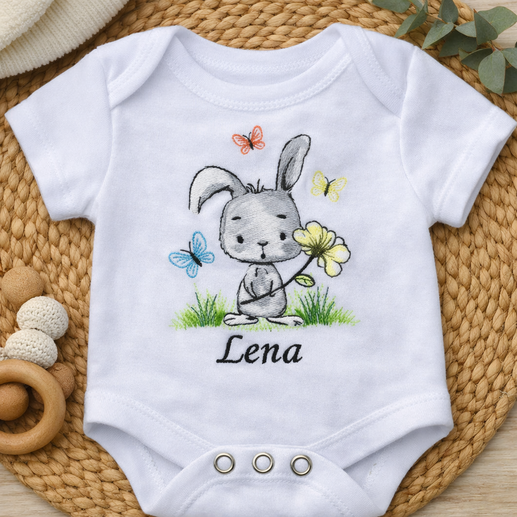 Rebel Needleworks rabbit and butterflies embroidered baby bodysuit - personalised gift UK
