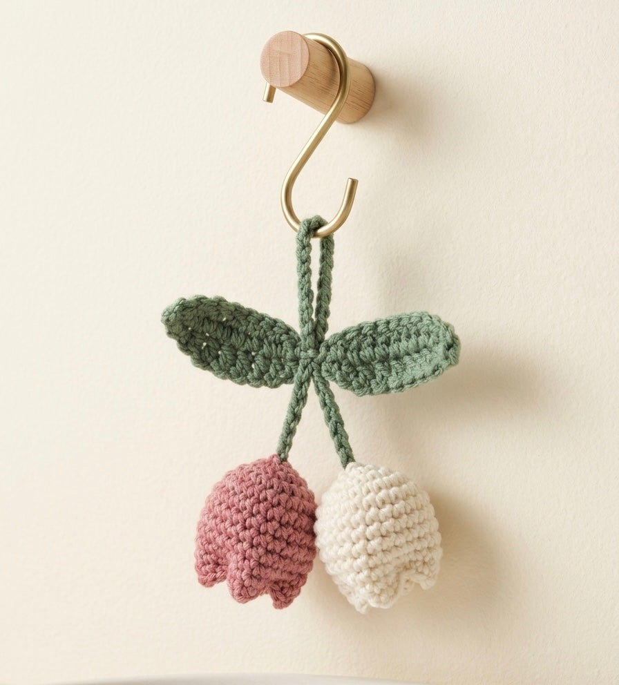Handmade flower tulip keyring and bag charm by Rebel Needleworks - cute crochet accessory UK