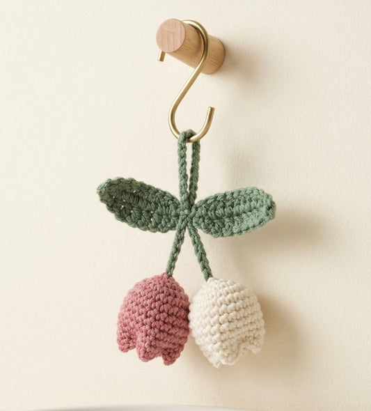Handmade flower tulip keyring and bag charm by Rebel Needleworks - cute crochet accessory UK