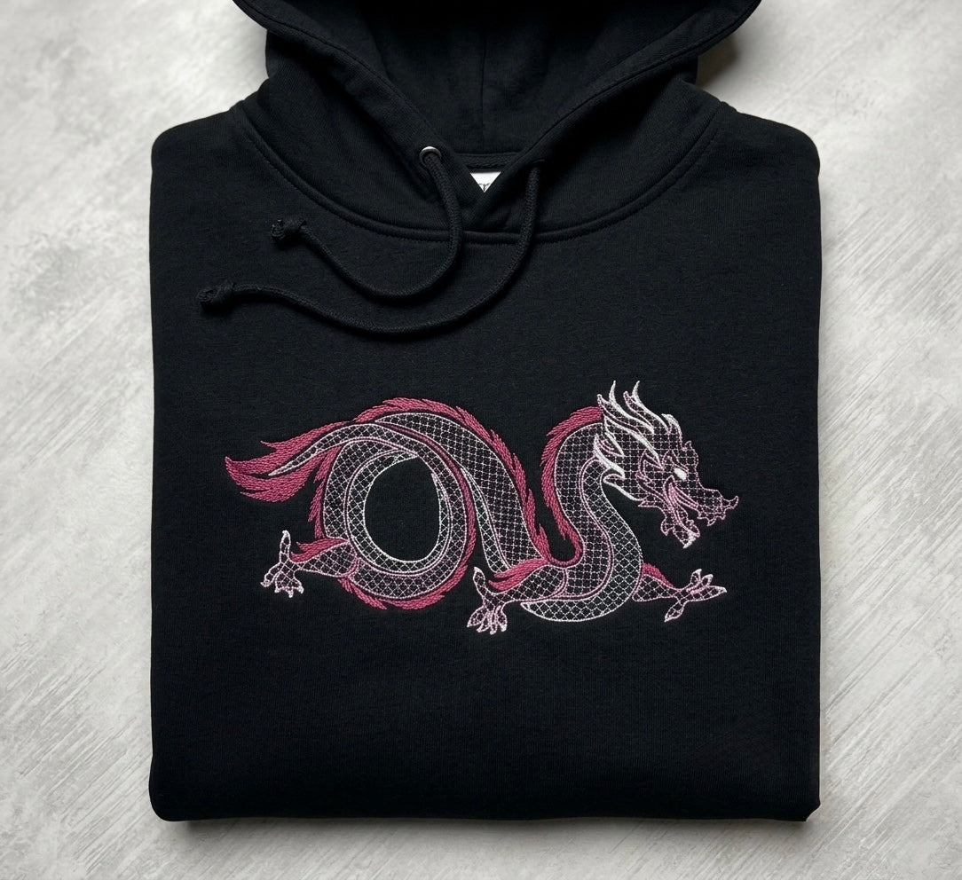 Embroidered oriental dragon hoodie by Rebel Needleworks - custom gothic alternative unisex hoodie UK