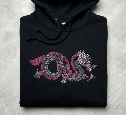 Embroidered oriental dragon hoodie by Rebel Needleworks - custom gothic alternative unisex hoodie UK