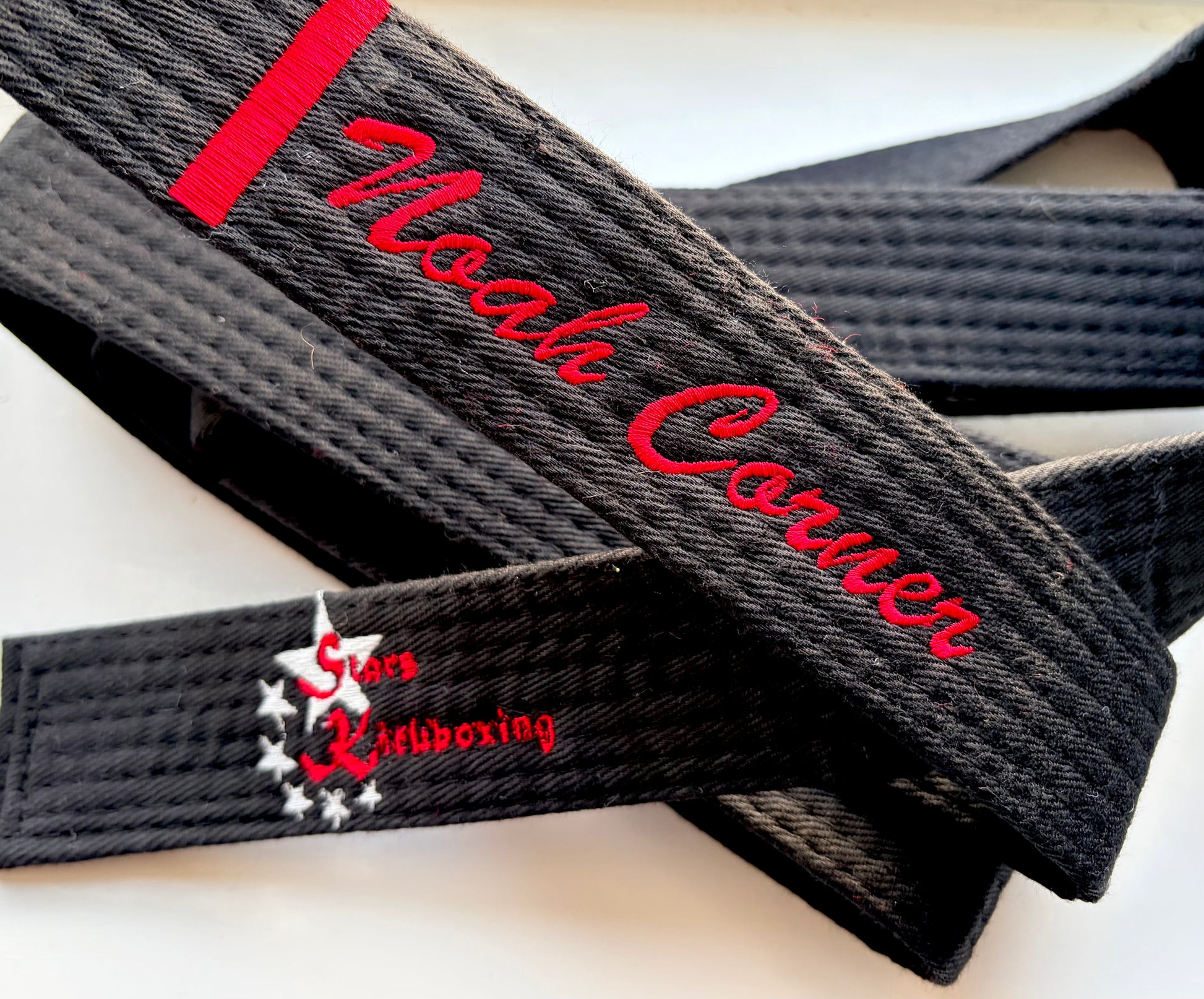 Custom personalised martial arts belt embroidered by Rebel Needleworks - karate judo gift UK