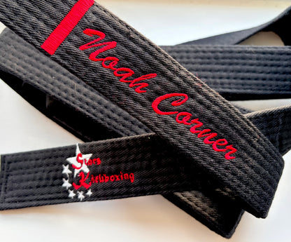 Custom personalised martial arts belt embroidered by Rebel Needleworks - karate judo gift UK