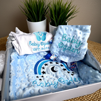 Rebel Needleworks personalised baby gift set - custom newborn gift box UK