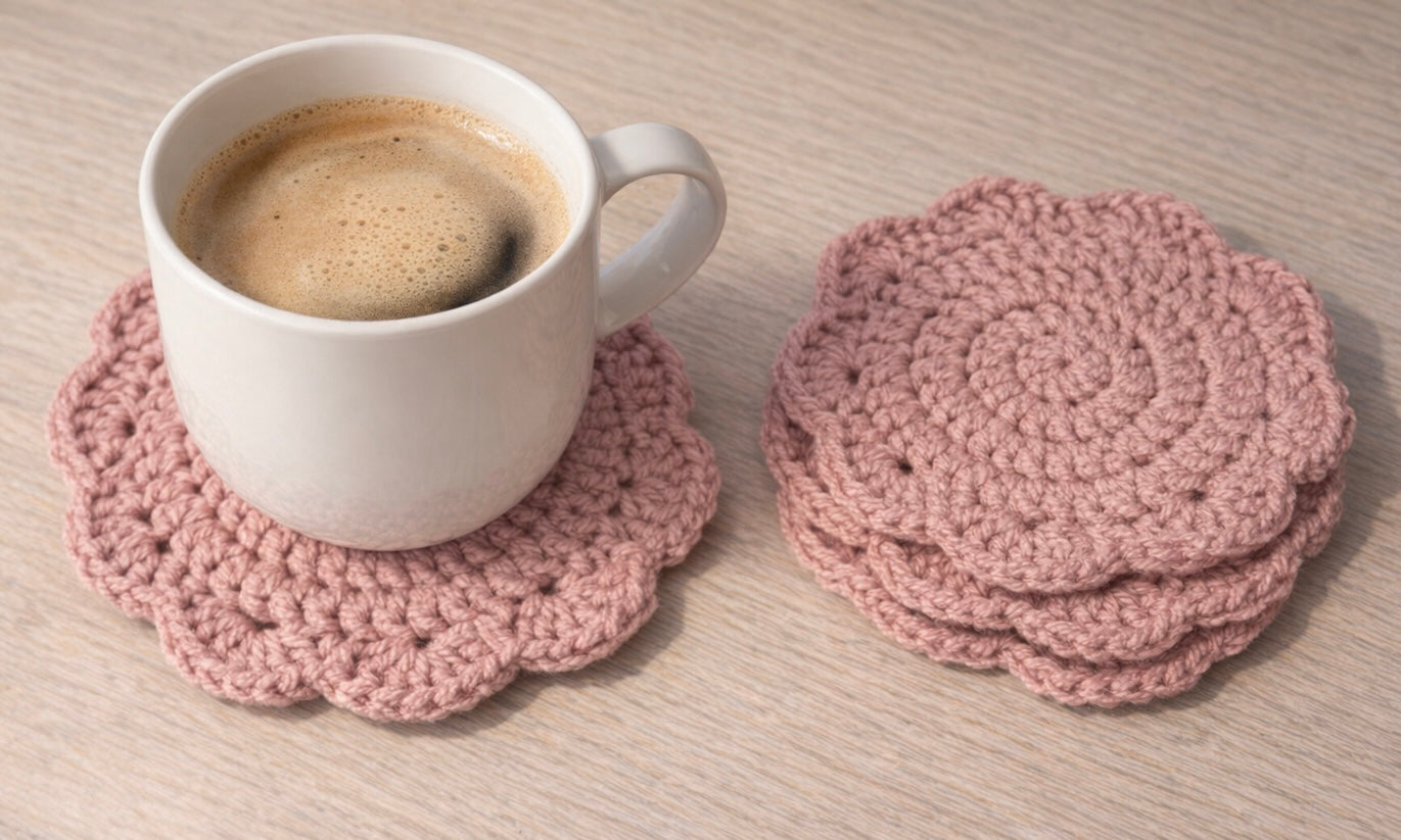 Handmade crochet scalloped edge coaster set by Rebel Needleworks - set of 4 handmade gift UK