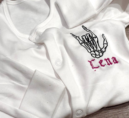 Rebel Needleworks skeleton rock hands baby grow - personalised alternative gothic baby gift UK