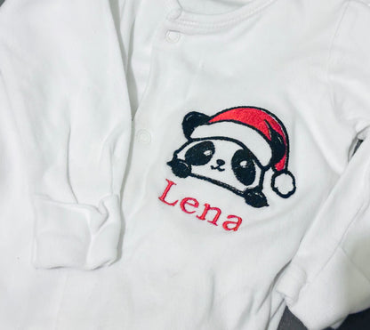 Personalised embroidered panda Christmas sleepsuit by Rebel Needleworks - custom festive baby gift UK