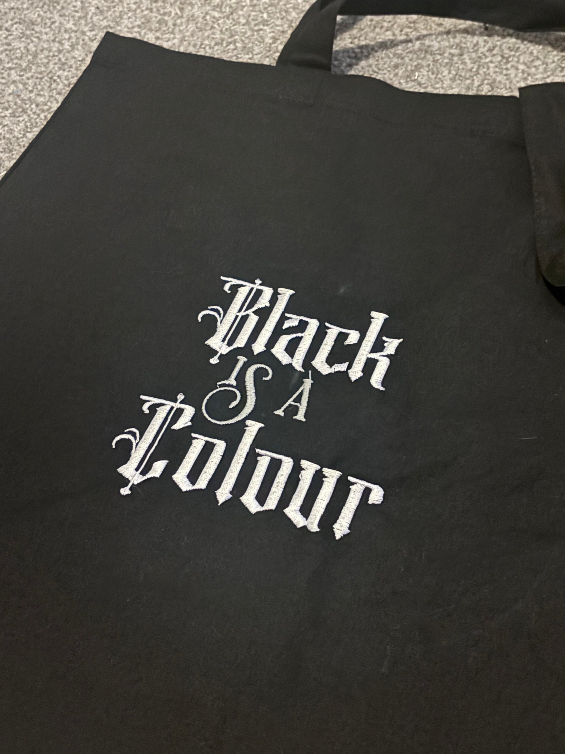 Rebel Needleworks black is a colour embroidered tote - gothic alternative cotton bag UK