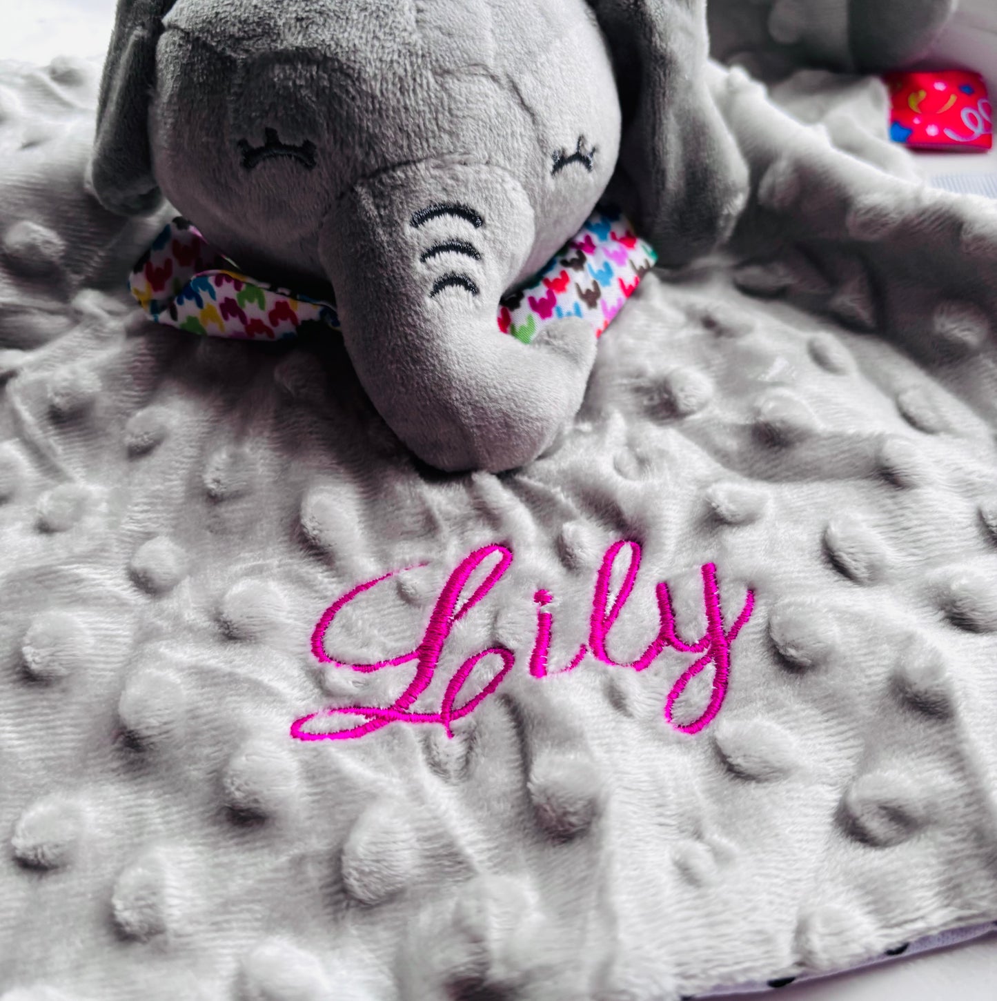 Custom embroidered white rabbit comforter by Rebel Needleworks - personalised baby shower gift UK