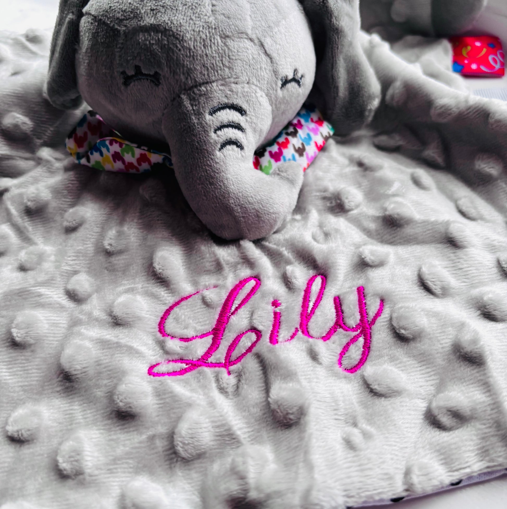 Custom embroidered white rabbit comforter by Rebel Needleworks - personalised baby shower gift UK