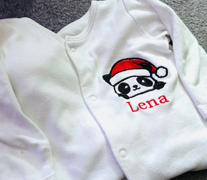 Personalised Christmas panda sleepsuit by Rebel Needleworks - custom embroidered baby gift UK