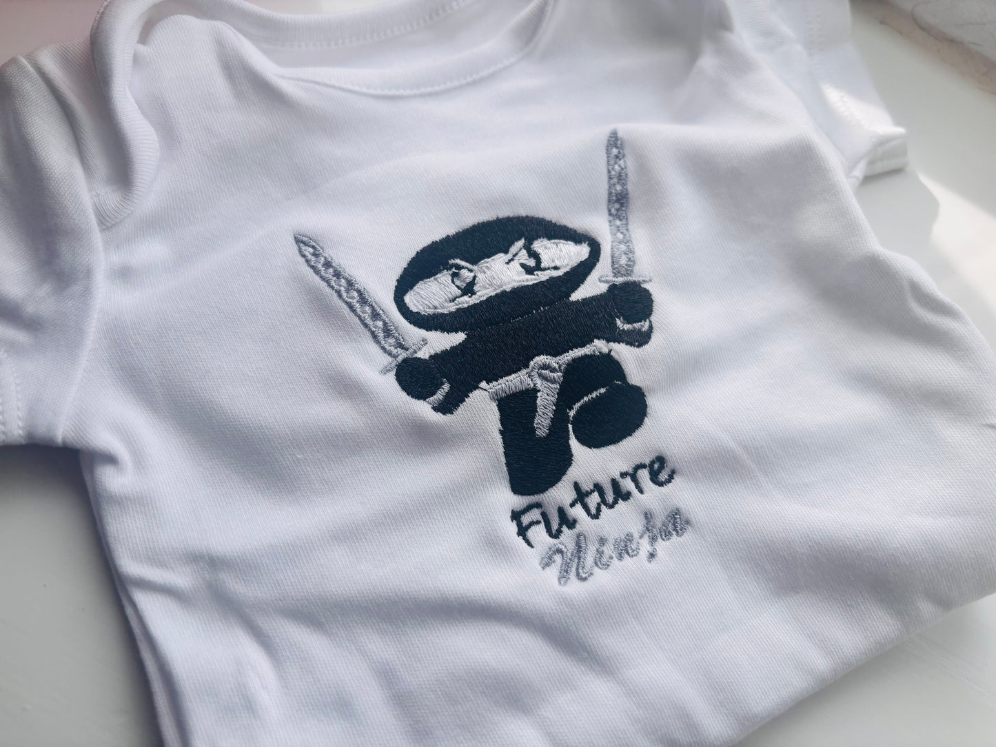 Rebel Needleworks future ninja embroidered baby grow - personalised newborn gift UK