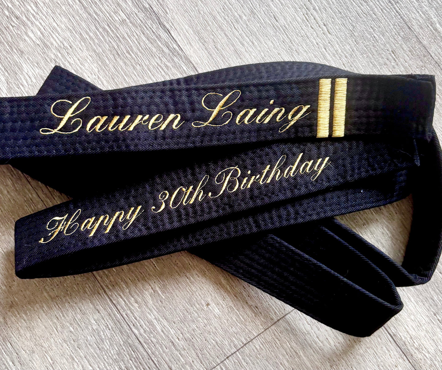 Custom karate embroidered belt by Rebel Needleworks - personalised martial arts gift UK