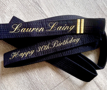 Custom karate embroidered belt by Rebel Needleworks - personalised martial arts gift UK