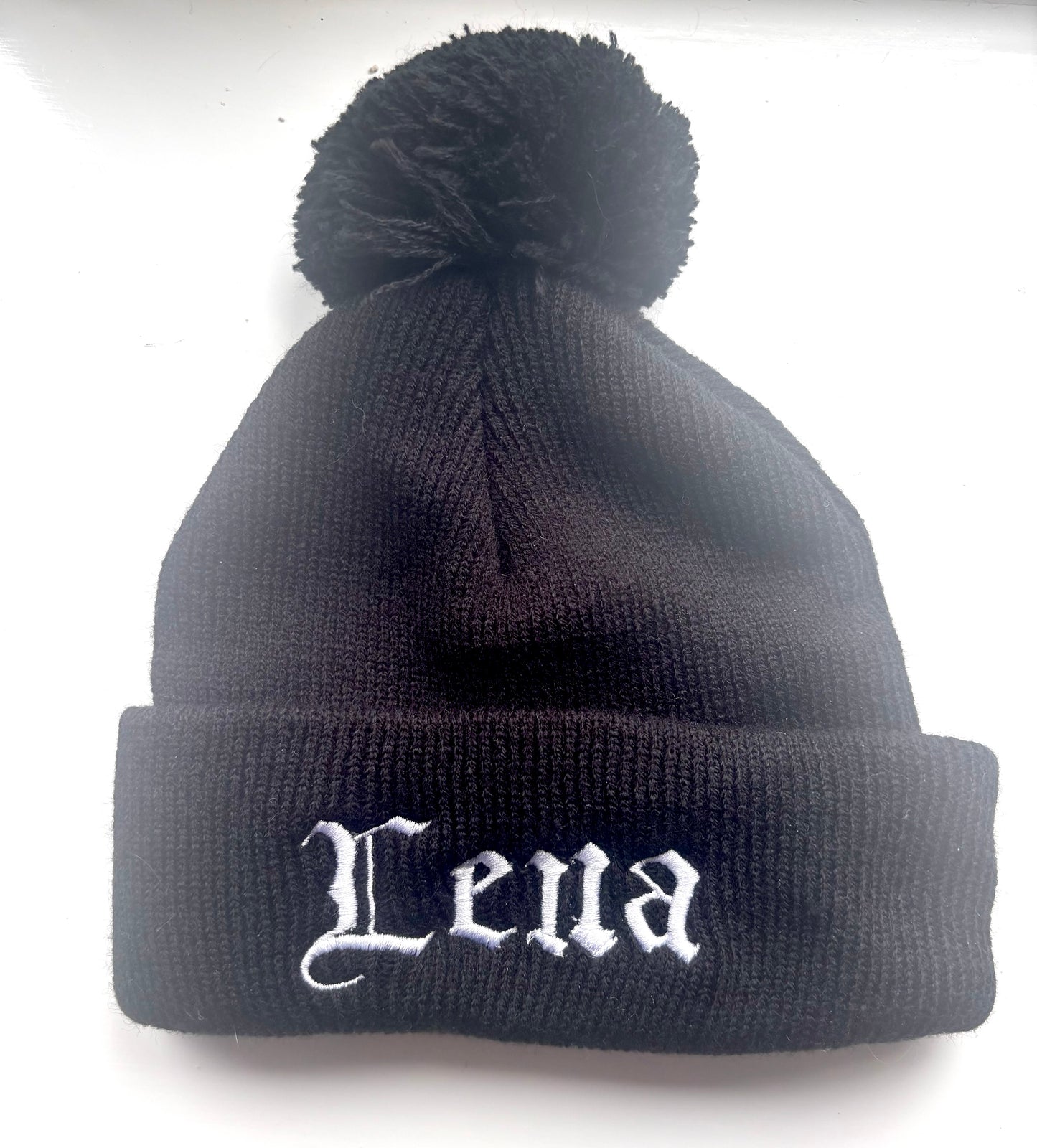 Custom gothic embroidered baby bobble hat by Rebel Needleworks - alternative baby hat UK
