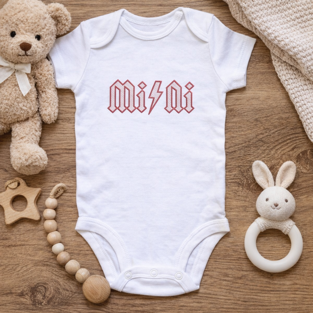 Personalised MINI lightning bolt embroidered baby onesie by Rebel Needleworks - rock baby gift UK