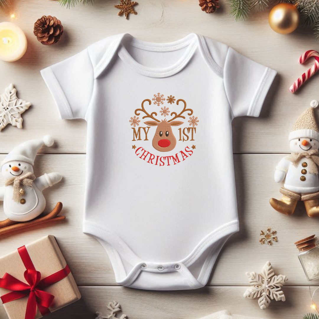 Reindeer 1st Christmas Embroidered Baby Grow