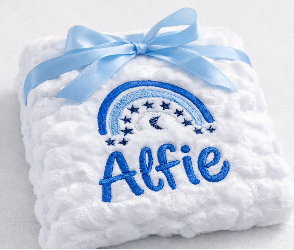 Custom embroidered marshmallow blanket by Rebel Needleworks - personalised baby shower gift UK