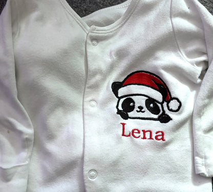 Custom panda Christmas embroidered sleepsuit by Rebel Needleworks - personalised baby gift UK