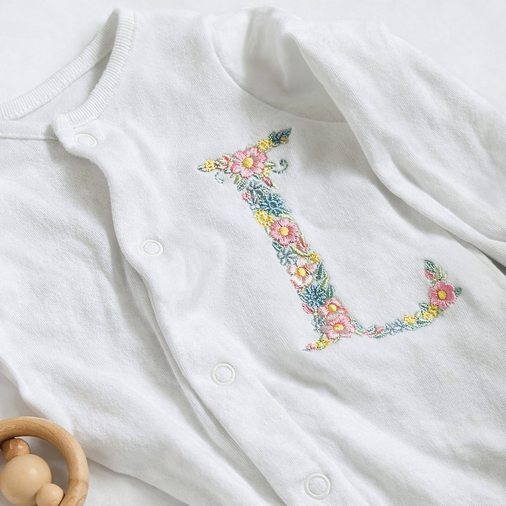 Custom floral letter embroidered sleepsuit by Rebel Needleworks - personalised baby gift UK