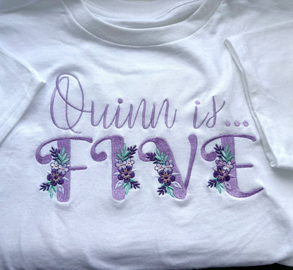Custom floral embroidered birthday t-shirt for kids by Rebel Needleworks - personalised birthday gift UK