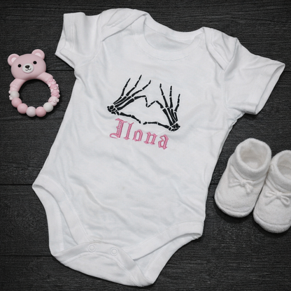 Personalised embroidered skeleton heart baby grow by Rebel Needleworks - gothic custom newborn gift UK
