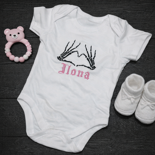 Personalised embroidered skeleton heart baby grow by Rebel Needleworks - gothic custom newborn gift UK