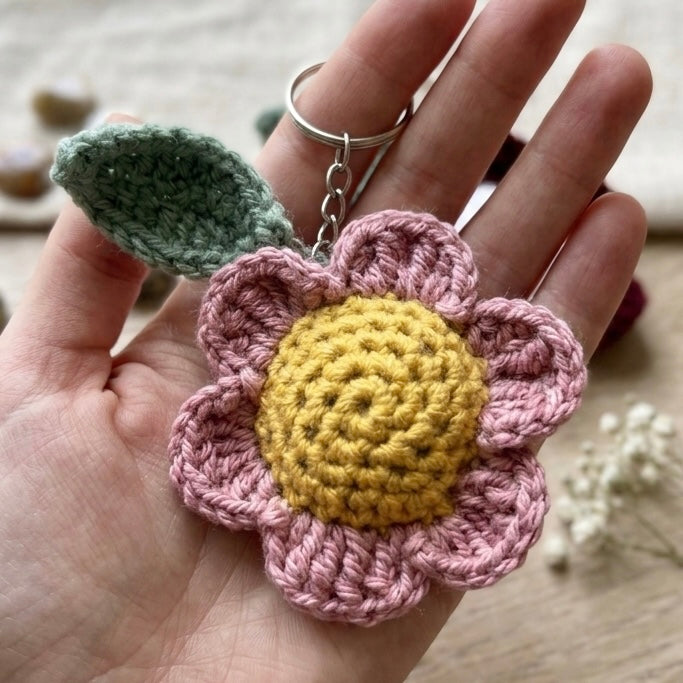 Custom crochet flower keyring by Rebel Needleworks - handmade floral bag charm UK