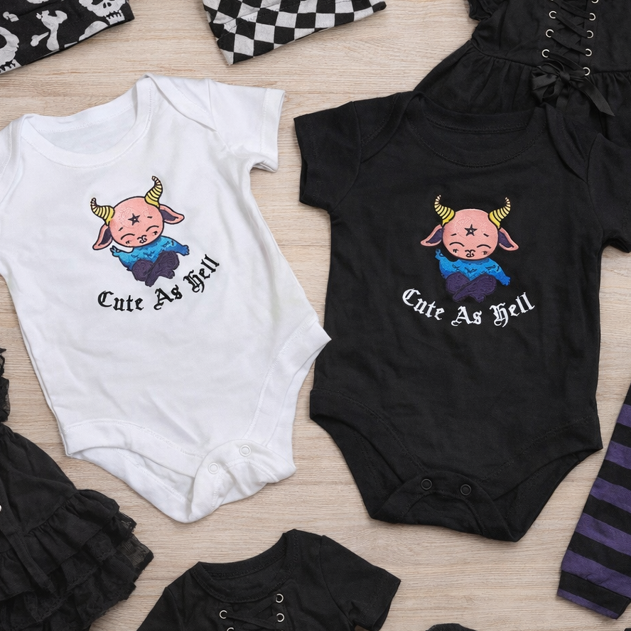 Custom Cute As Hell embroidered baby onesie by Rebel Needleworks - alternative gothic baby gift UK