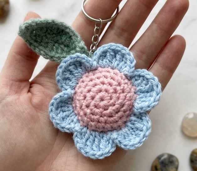 Custom handmade crochet flower keyring by Rebel Needleworks - cute floral accessory UK