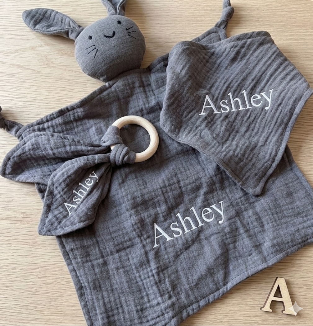 Custom bunny embroidered comforter set by Rebel Needleworks - personalised baby gift UK