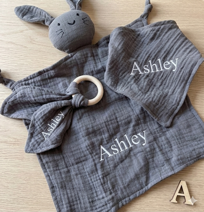 Custom bunny embroidered comforter set by Rebel Needleworks - personalised baby gift UK