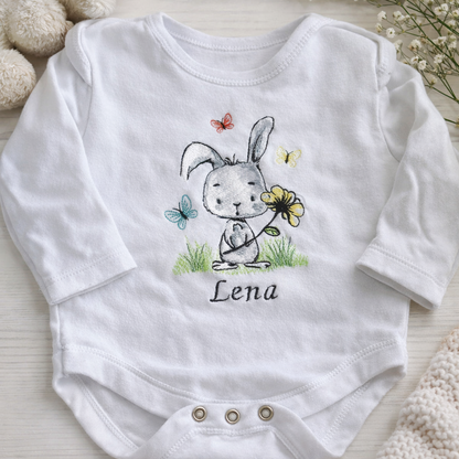 Rabbit and butterflies embroidered baby bodysuit by Rebel Needleworks - personalised baby gift UK