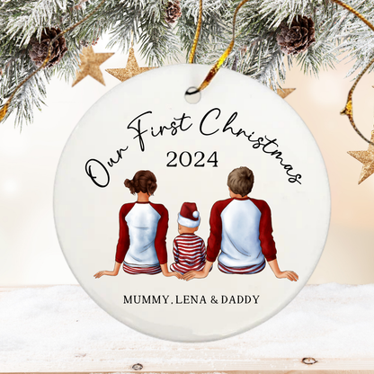Family first Christmas tree decoration by Rebel Needleworks - personalised festive keepsake UK