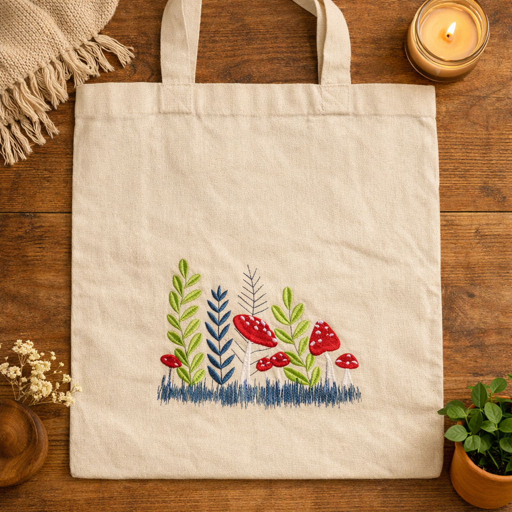Mushrooms & Wildflowers Embroidered Cotton Shopper