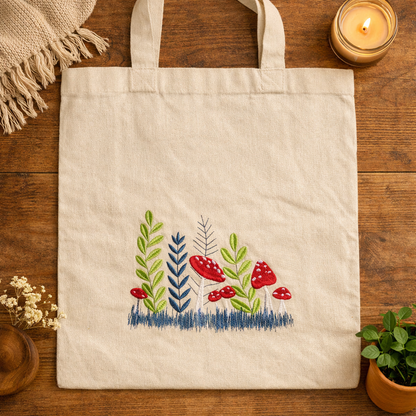 Mushrooms & Wildflowers Embroidered Cotton Shopper