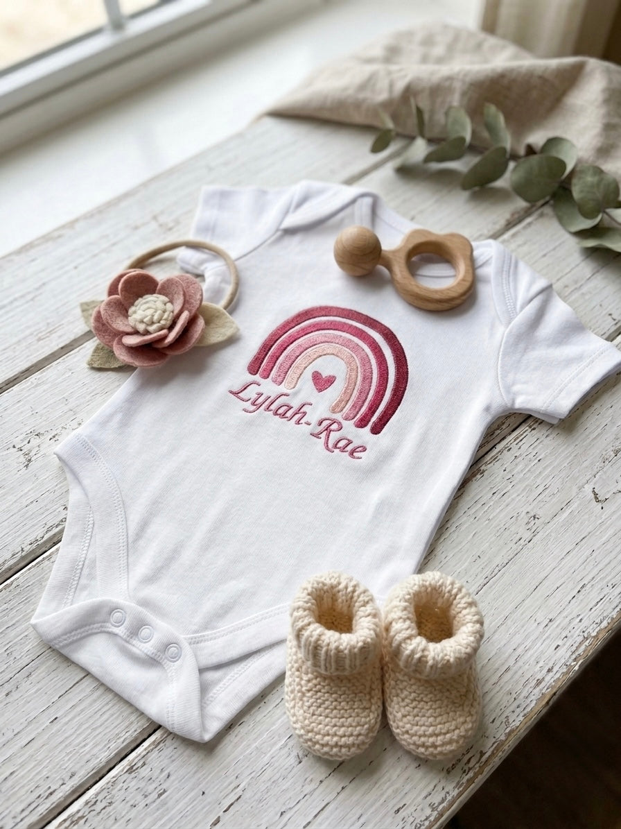 Custom Embroidered Rainbow Baby Blanket & Bodysuit Set
