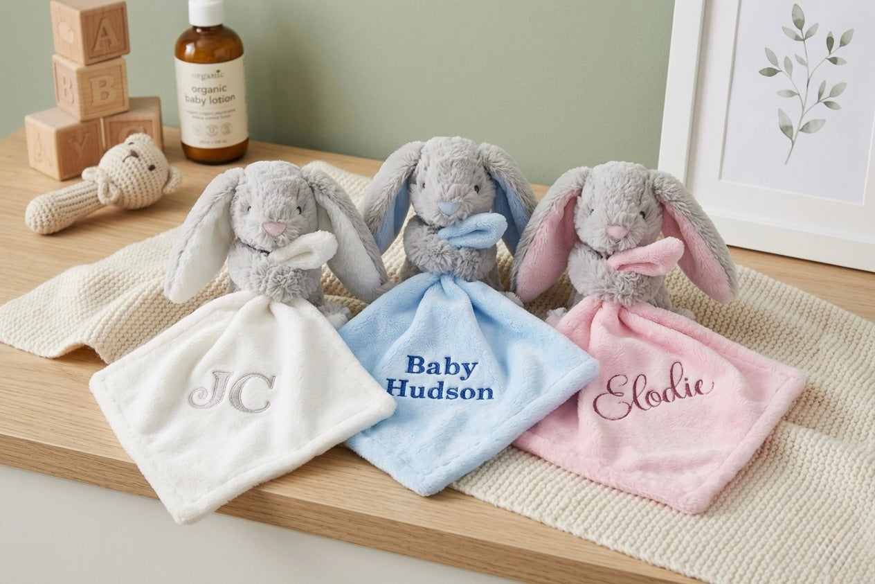 Personalised embroidered rabbit comforter by Rebel Needleworks - custom baby shower gift UK