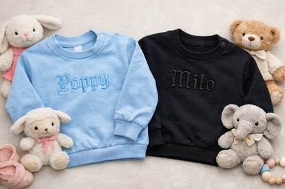 Custom embroidered name sweatshirt for baby by Rebel Needleworks - personalised kids jumper UK