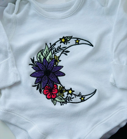 Custom celestial moon embroidered baby grow by Rebel Needleworks - alternative baby gift UK