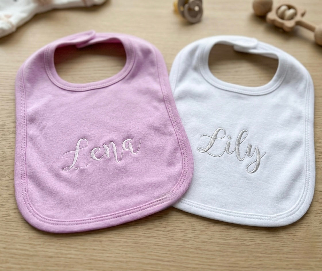 Embroidered pull over bib by Rebel Needleworks - personalised baby bib gift UK