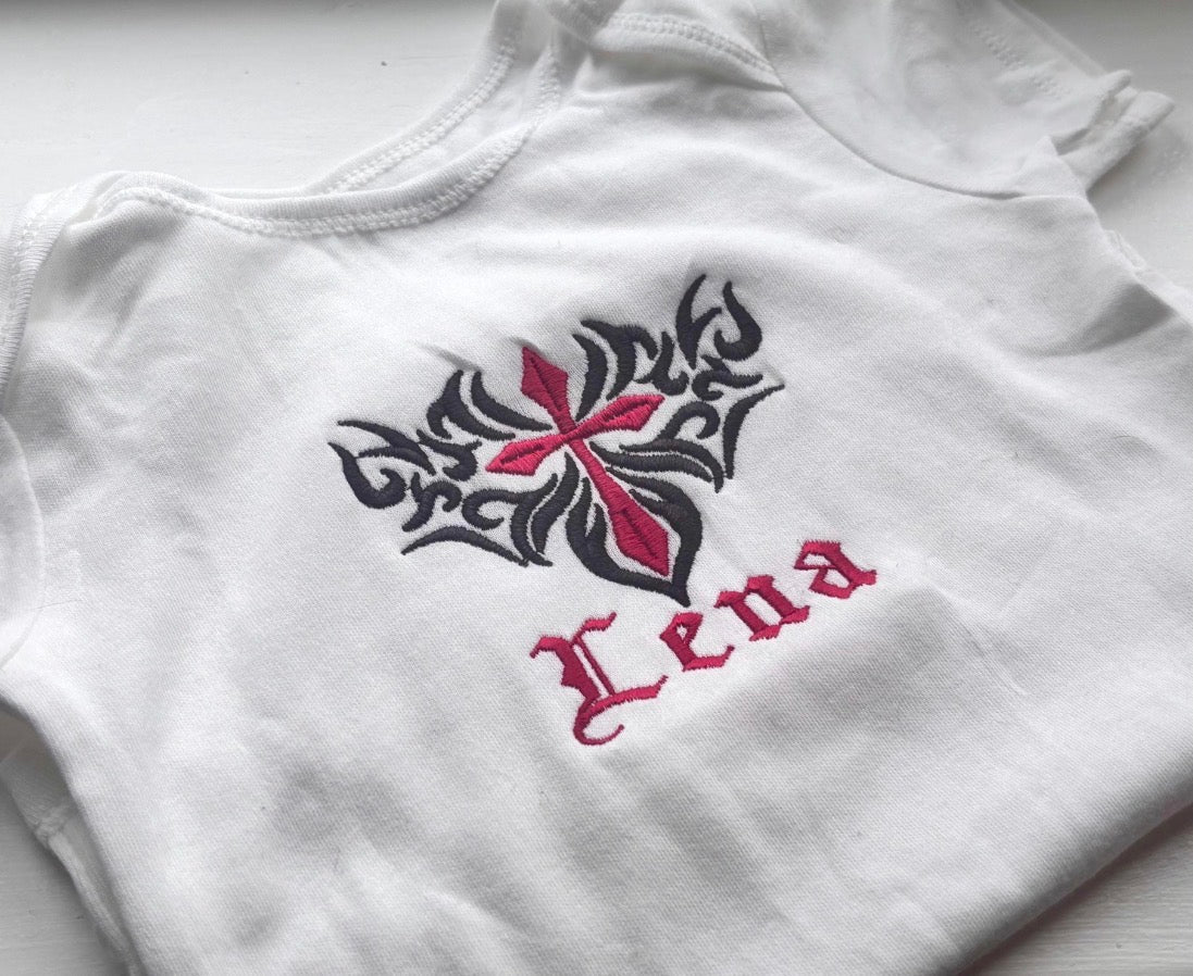 Personalised gothic cross embroidered name baby grow by Rebel Needleworks - alternative baby gift UK