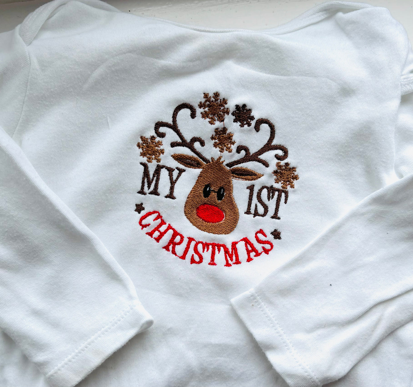 Reindeer 1st Christmas Embroidered Baby Grow