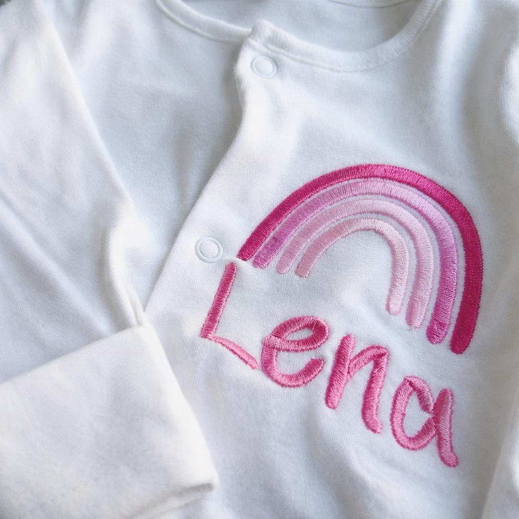 Rebel Needleworks personalised rainbow embroidered sleepsuit - custom baby gift UK