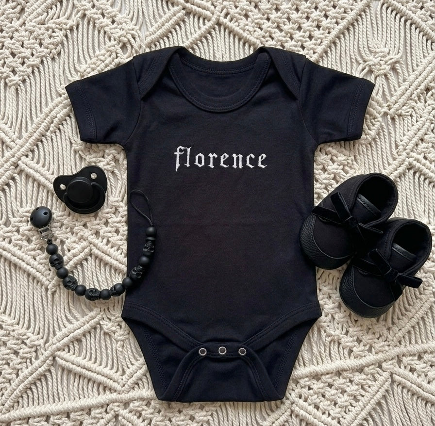 Embroidered Gothic Text Baby Grow