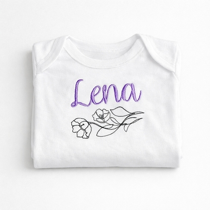 Custom flower line art embroidered baby grow by Rebel Needleworks - personalised baby gift UK