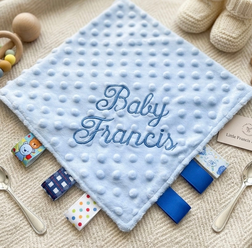 Personalised taggy comforter embroidered by Rebel Needleworks - custom baby keepsake gift UK
