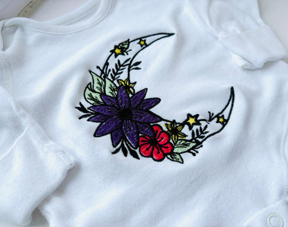 Celestial moon embroidered baby grow by Rebel Needleworks - alternative gothic baby gift UK