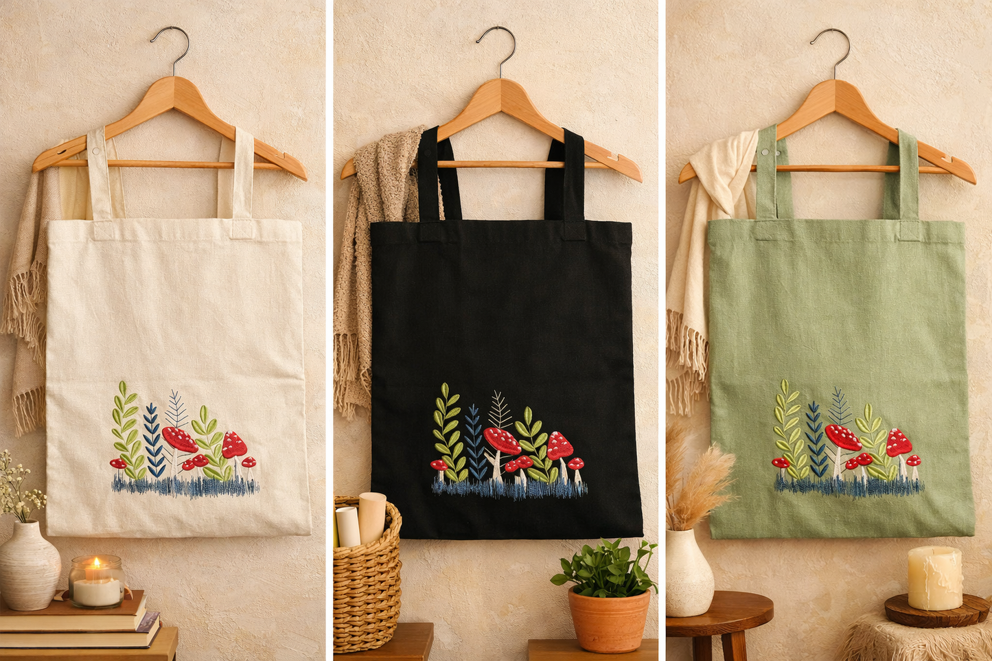 Mushrooms & Wildflowers Embroidered Cotton Shopper